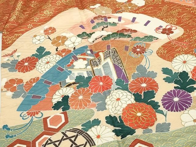 平和屋着物●創業460年・千總　振袖　駒刺繍　御所車檜扇花文　金彩　小田急百貨店扱い　正絹　逸品　CABD9163gh 平和屋着物○創業460年・千總 振袖 駒刺繍 御所車檜扇花文 金彩 小田急