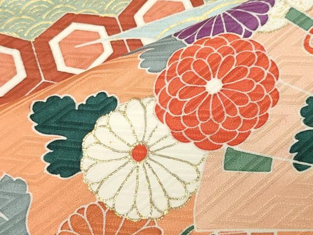 平和屋着物●創業460年・千總　振袖　駒刺繍　御所車檜扇花文　金彩　小田急百貨店扱い　正絹　逸品　CABD9163gh 平和屋着物○創業460年・千總 振袖 駒刺繍 御所車檜扇花文 金彩 小田急