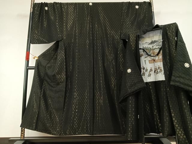 平和屋着物●男性 黒紋付 羽織セット 亀甲文 キングサイズ 正絹 逸品 AABH4703fy