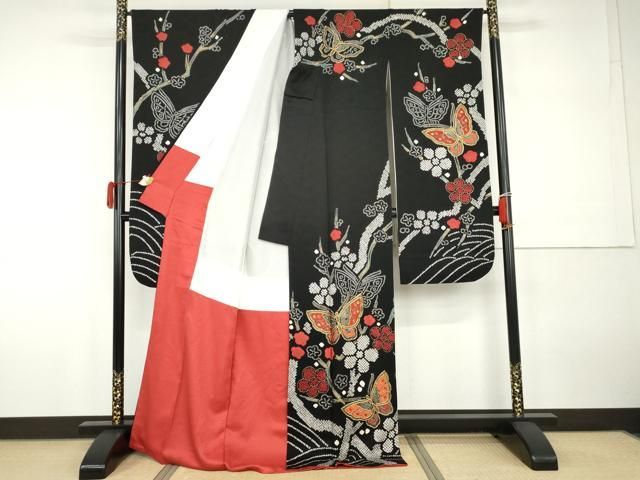 平和屋着物○豪華振袖 駒刺繍 絞り 花蝶文 黒地 銀彩 正絹 逸品