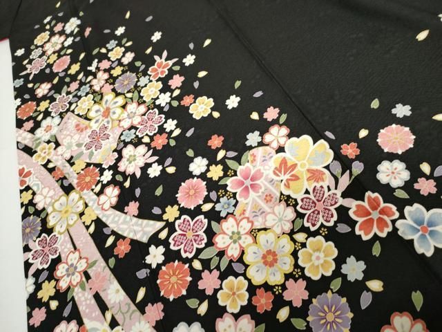 平和屋着物○豪華振袖 蔓帯舞花文 黒地 金彩 正絹 逸品 AABH3727cs