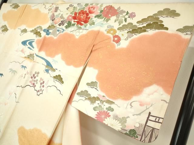 平和屋着物●訪問着　駒刺繍　流水牡丹文　金彩　正絹　逸品　DABE4029az 平和屋着物○訪問着 駒刺繍 流水牡丹文 金彩 正絹 逸品 DABE4029az