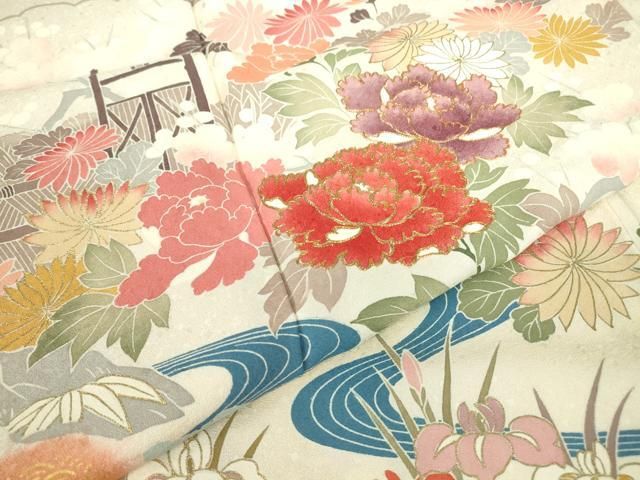 平和屋着物●訪問着　駒刺繍　流水牡丹文　金彩　正絹　逸品　DABE4029az 平和屋着物○訪問着 駒刺繍 流水牡丹文 金彩 正絹 逸品 DABE4029az