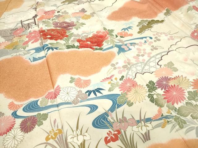 平和屋着物●訪問着　駒刺繍　流水牡丹文　金彩　正絹　逸品　DABE4029az 平和屋着物○訪問着 駒刺繍 流水牡丹文 金彩 正絹 逸品 DABE4029az