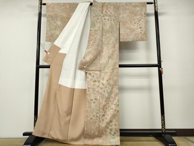 平和屋着物●訪問着　紬地　杢目絞り　枝葉文　三越扱い　正絹　逸品　CABE7146ut 平和屋着物○訪問着 紬地 杢目絞り 枝葉文 三越扱い 正絹 逸品