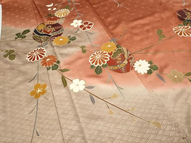 平和屋着物●中国三大刺繍　相良刺繍　訪問着　鞠花文　暈し染め　金彩　ロング丈　正絹　逸品　CABE7150ut 平和屋着物○中国三大刺繍 相良刺繍 訪問着 鞠花文 暈し染め 金彩