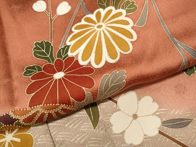 平和屋着物●中国三大刺繍　相良刺繍　訪問着　鞠花文　暈し染め　金彩　ロング丈　正絹　逸品　CABE7150ut 平和屋着物○中国三大刺繍 相良刺繍 訪問着 鞠花文 暈し染め 金彩