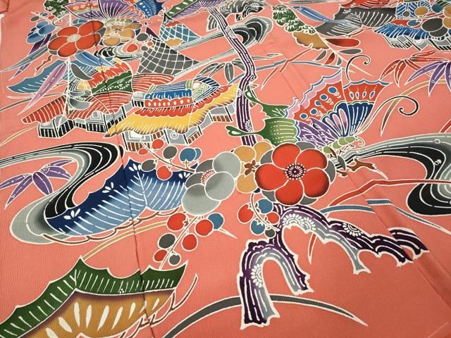 平和屋着物○豪華振袖 型染め 風景舞蝶花文 上代35万 仮絵羽 逸品 未