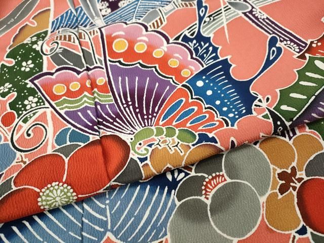 平和屋着物○豪華振袖 型染め 風景舞蝶花文 上代35万 仮絵羽 逸品 未