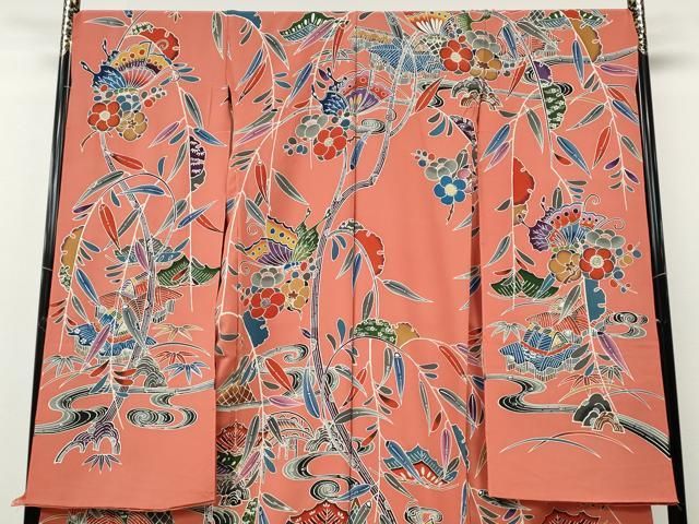 平和屋着物●豪華振袖　型染め　風景舞蝶花文　上代35万　仮絵羽　逸品　未使用　CABE7159ut 平和屋着物○豪華振袖 型染め 風景舞蝶花文 上代35万 仮絵羽 逸品 未