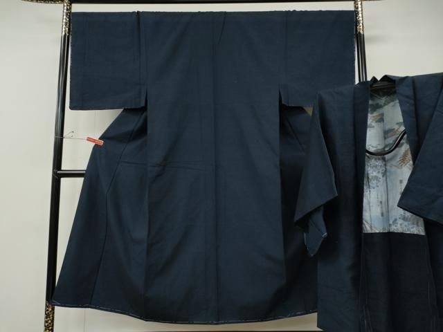 平和屋着物●男性　紬・髭紬羽織セット　留紺色　正絹　逸品　CABE7162ut