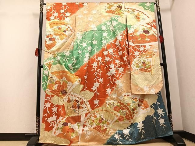 平和屋着物●豪華振袖　駒刺繍　檜扇花文　金彩　正絹　逸品　AABH6829ph 平和屋着物○豪華振袖 駒刺繍 檜扇花文 金彩 正絹 逸品 AABH6829phの