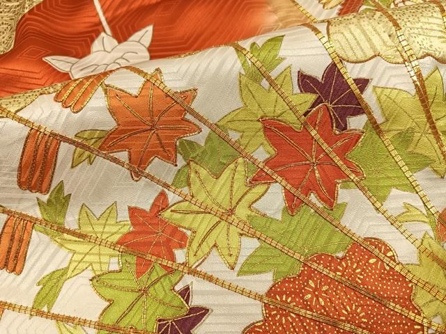 平和屋着物○豪華振袖 駒刺繍 檜扇花文 金彩 正絹 逸品 AABH6829ph