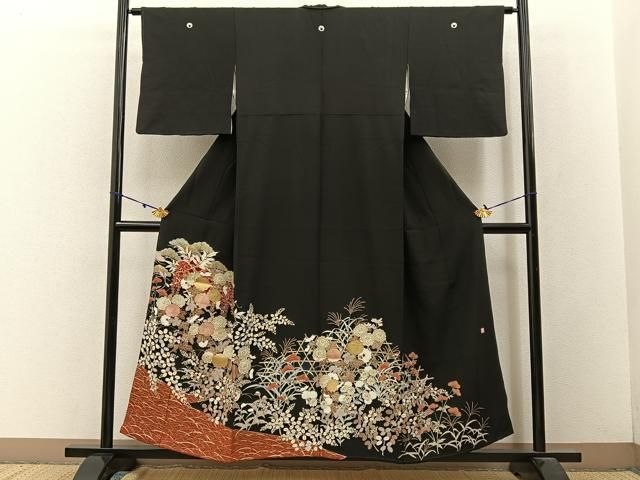 平和屋着物●豪華黒留袖　作家物　花鳥文　金彩　正絹　逸品　未使用　AABH0651fy 平和屋着物□豪華黒留袖 作家物 雪芝花文 金彩 正絹 逸品 BAAW9283hj