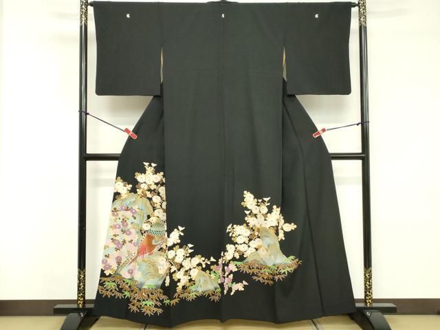 平和屋着物●豪華黒留袖　友禅作家物　群鳥花文　正絹　逸品DABA4827az 平和屋着物□豪華黒留袖 刺繍 花鳥文 金彩 正絹 逸品 DABE7536cd