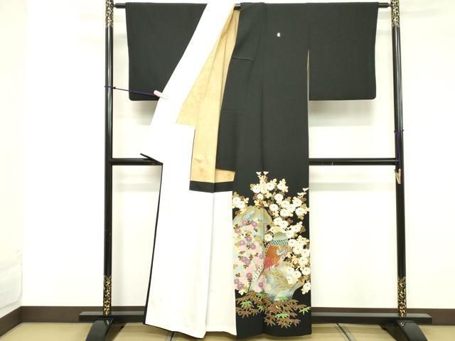 平和屋着物●豪華黒留袖　友禅作家物　群鳥花文　正絹　逸品DABA4827az 平和屋着物□豪華黒留袖 刺繍 花鳥文 金彩 正絹 逸品 DABE7536cd