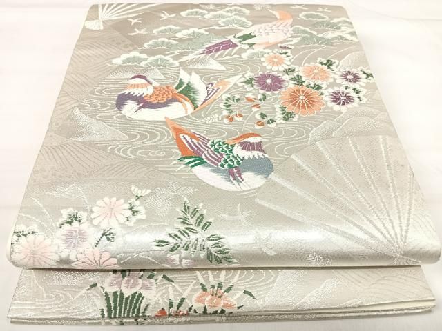 平和屋着物◎六通柄袋帯　唐織　鴛鴦花文　銀糸　正絹　逸品　AABI0853yx 平和屋着物◎六通柄袋帯 唐織 鴛鴦花文 銀糸 正絹 逸品 AABI0853yxの
