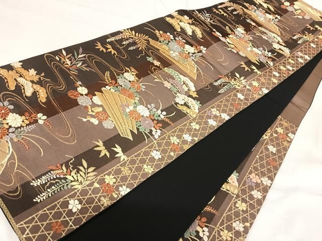 平和屋着物◎六通柄袋帯　唐織　流水花文　金糸　正絹　逸品　AABI0859yx 平和屋着物◎六通柄袋帯 唐織 流水花文 金糸 正絹 逸品 AABI0859yx