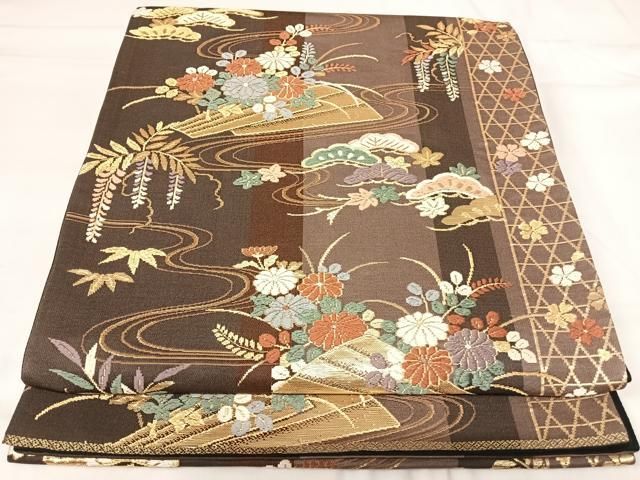 平和屋着物◎六通柄袋帯　唐織　流水花文　金糸　正絹　逸品　AABI0859yx 平和屋着物◎六通柄袋帯 唐織 流水花文 金糸 正絹 逸品 AABI0859yx