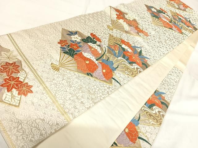 平和屋着物◎六通柄袋帯　唐織　扇面花文　金糸　正絹　逸品　AABI0861yx 平和屋着物◎六通柄袋帯 唐織 扇面花文 金糸 正絹 逸品 AABI0861yx