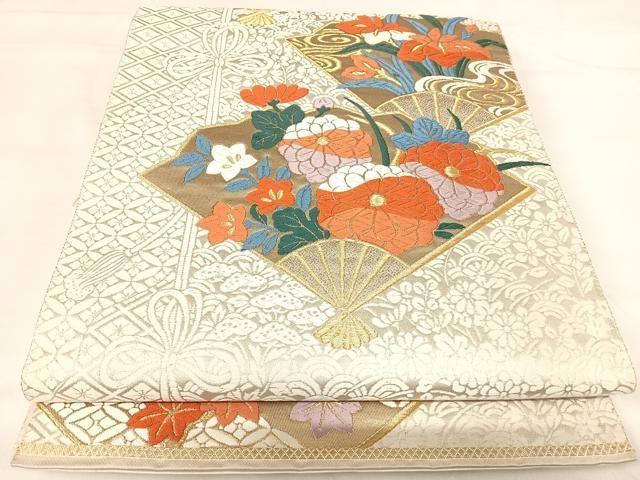 平和屋着物◎六通柄袋帯　唐織　扇面花文　金糸　正絹　逸品　AABI0861yx 平和屋着物◎六通柄袋帯 唐織 扇面花文 金糸 正絹 逸品 AABI0861yx