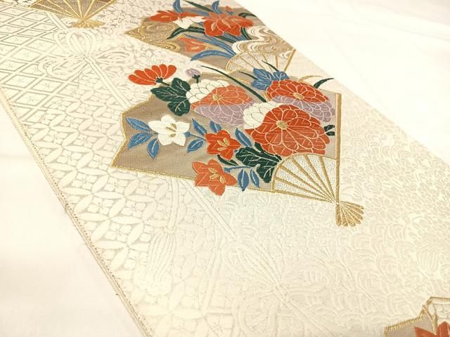 平和屋着物◎六通柄袋帯 唐織 扇面花文 金糸 正絹 逸品 AABI0861yx