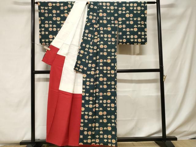 平和屋着物■上質な小紋　紬地　型染め　吉祥花蝶文　正絹　逸品　CABF4195ev 平和屋着物□上質な小紋 紬地 型染め 吉祥花蝶文 正絹 逸品 CABF4195ev