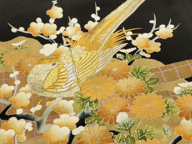 平和屋着物□豪華黒留袖 刺繍 花鳥文 金銀糸 金彩 正絹 逸品
