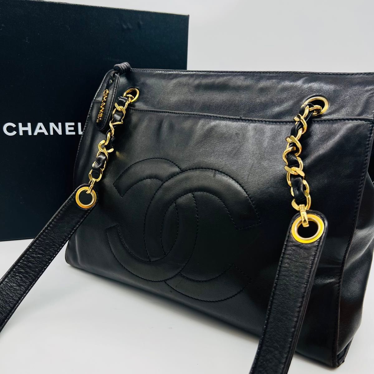 CHANEL シャネル ココマーク チェーン　トートバッグ ブラック　ゴールド レザー ラムスキン