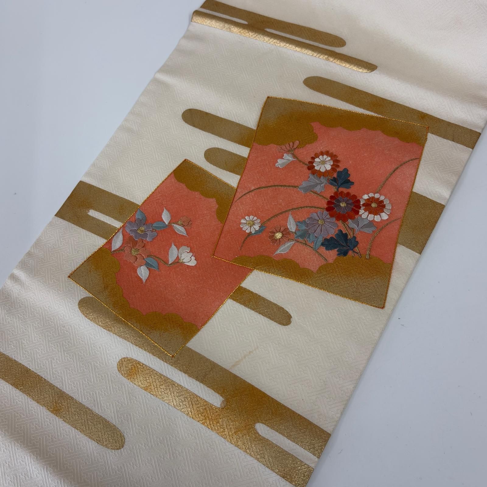 千♡裄丈66cm♪2点セット 四季の花々 正絹 小紋 金駒刺繍 名古屋帯 お得なエブリデイロープライス】 正絹総刺繍九寸名古屋帯 駒刺繍・塩瀬