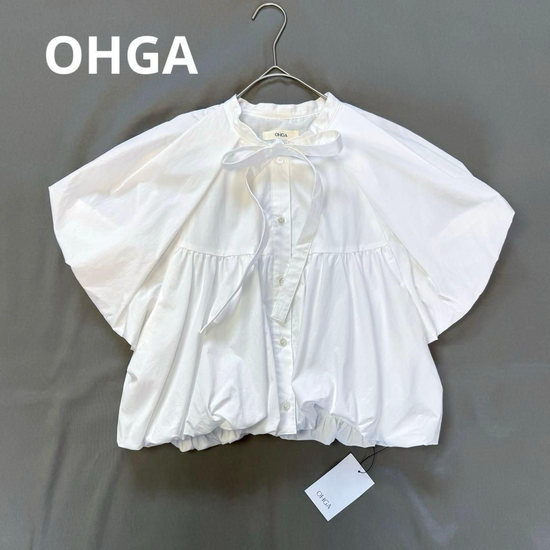 未使用タグ付き✨OHGA　2025年モデル　LANTAN　ボウタイリボン OHGA オーガ 2025年モデル LANTAN ランタンブラウス ボウタイリボン 白