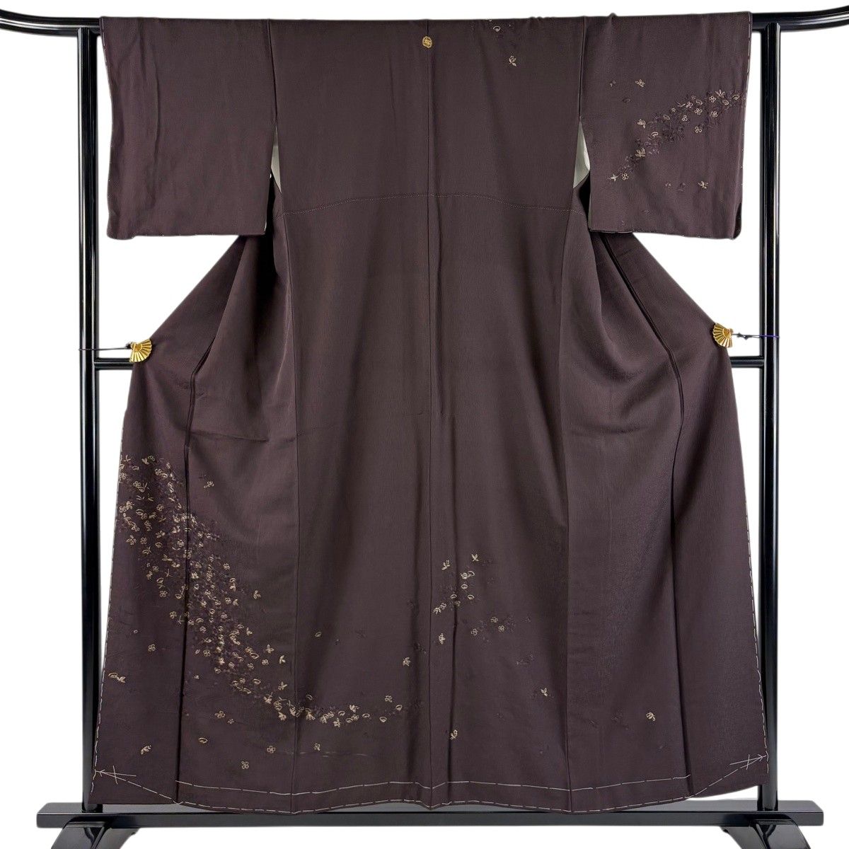 訪問着 身丈156cm 裄丈63cm 正絹 秀品 【中古】 美品】 訪問着 身丈156cm 裄丈63cm S 袷 扇 草花 金糸 刺繍 焦茶色