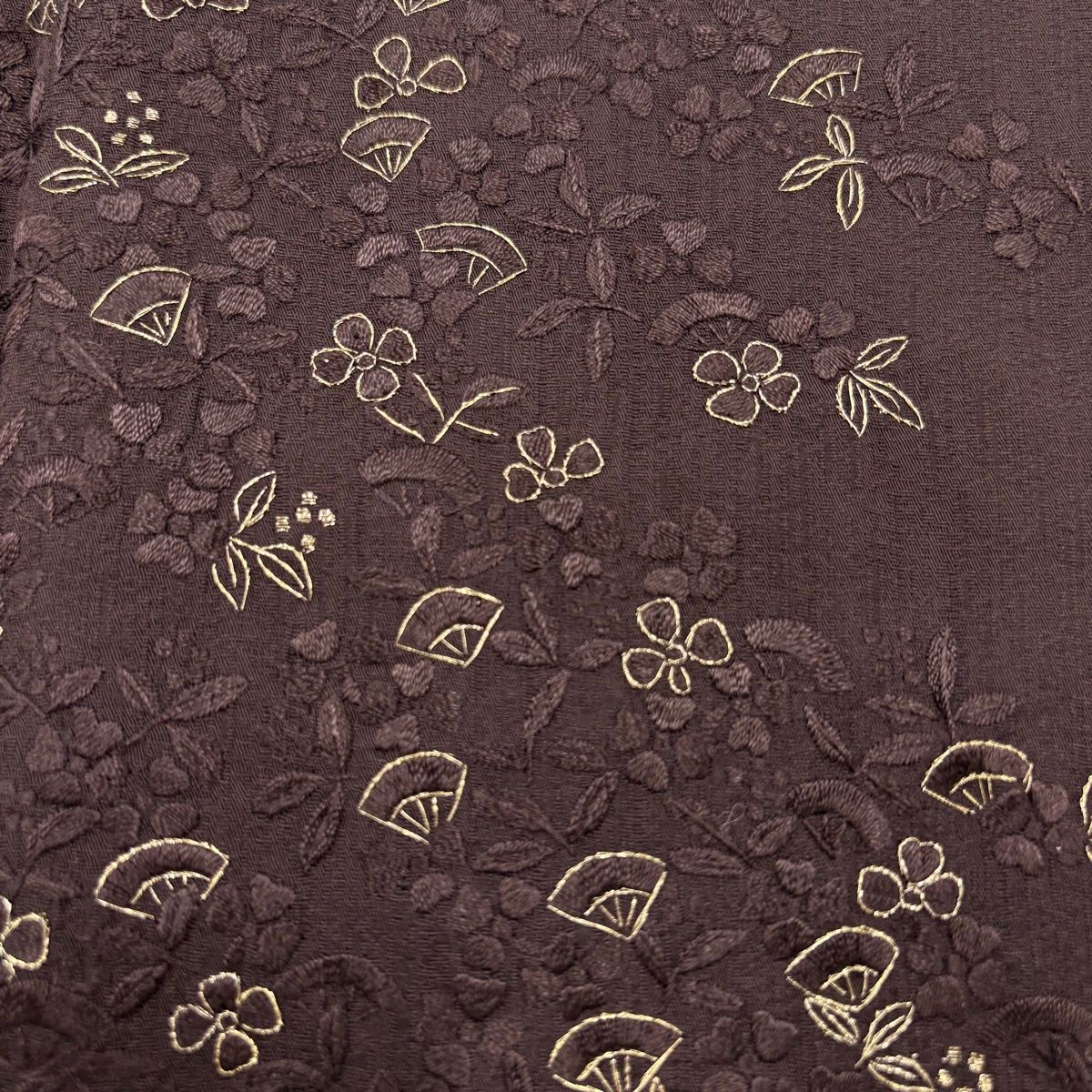 美品】 訪問着 身丈156cm 裄丈63cm S 袷 扇 草花 金糸 刺繍 焦茶色