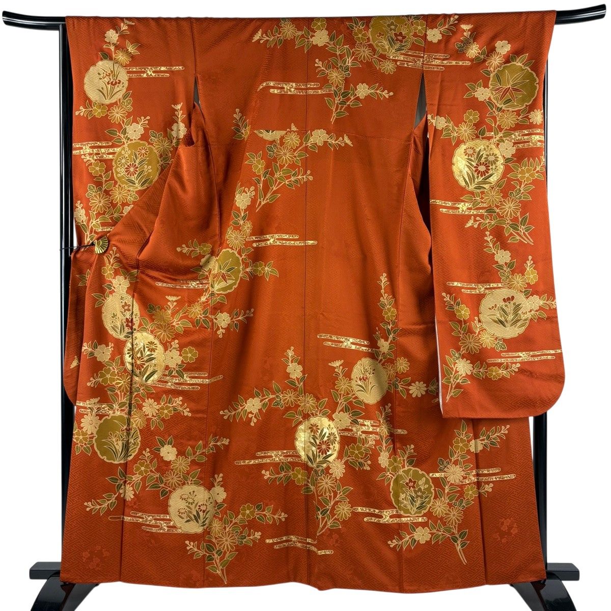 振袖 身丈162.5cm 裄丈67.5cm L 袷 鈴乃屋 草花 金彩 深緑 正絹 名品 【