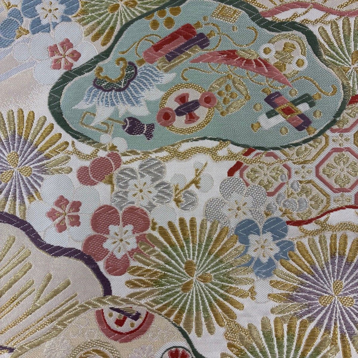 袋帯 作家物 落款有り 金銀糸 ライトグレー 変わり市松 絹 中古 kp1653 袋帯 作家物 落款有り 金銀糸 ライトグレー 変わり市松 絹 中古 kp1653