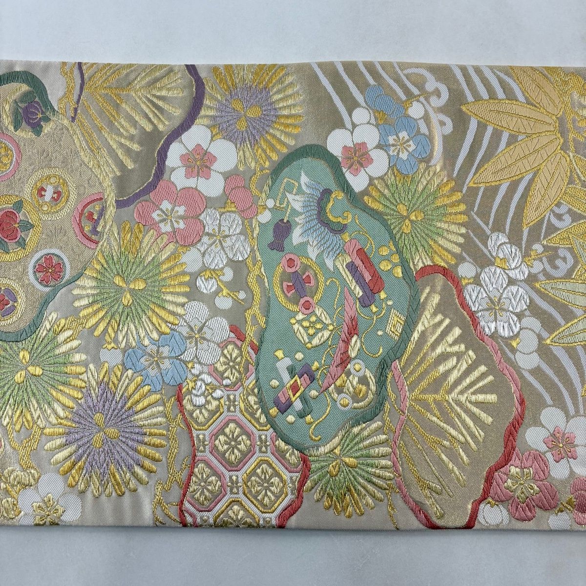 袋帯 作家物 落款有り 金銀糸 ライトグレー 変わり市松 絹 中古 kp1653 袋帯 作家物 落款有り 金銀糸 ライトグレー 変わり市松 絹 中古 kp1653