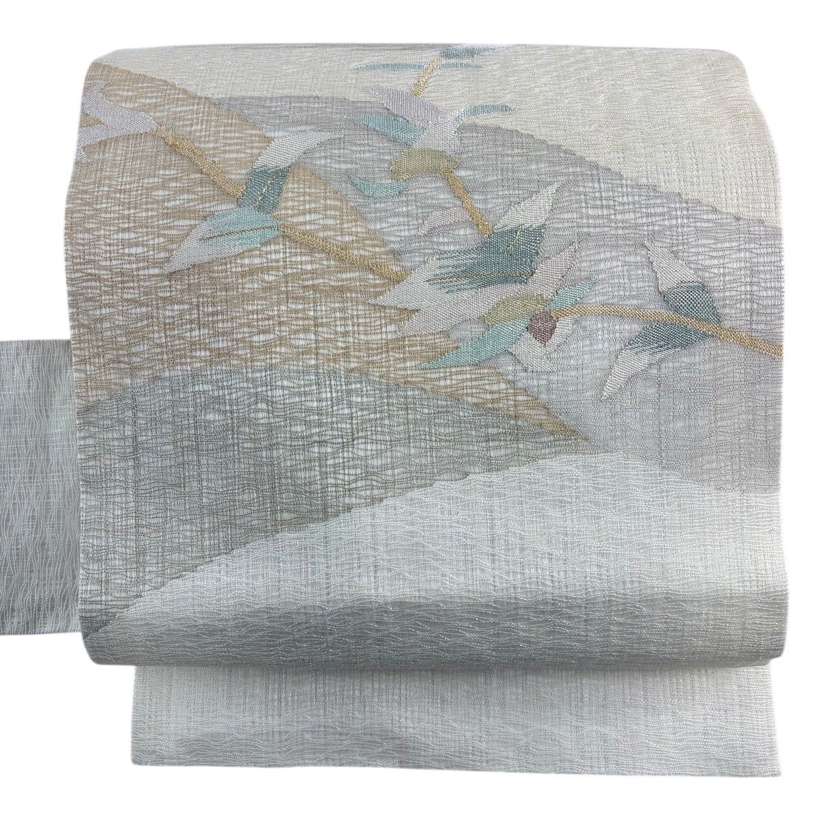 名古屋帯 秀品 夏帯 枝花 幾何学模様 金銀糸 クリーム 正絹 【中古