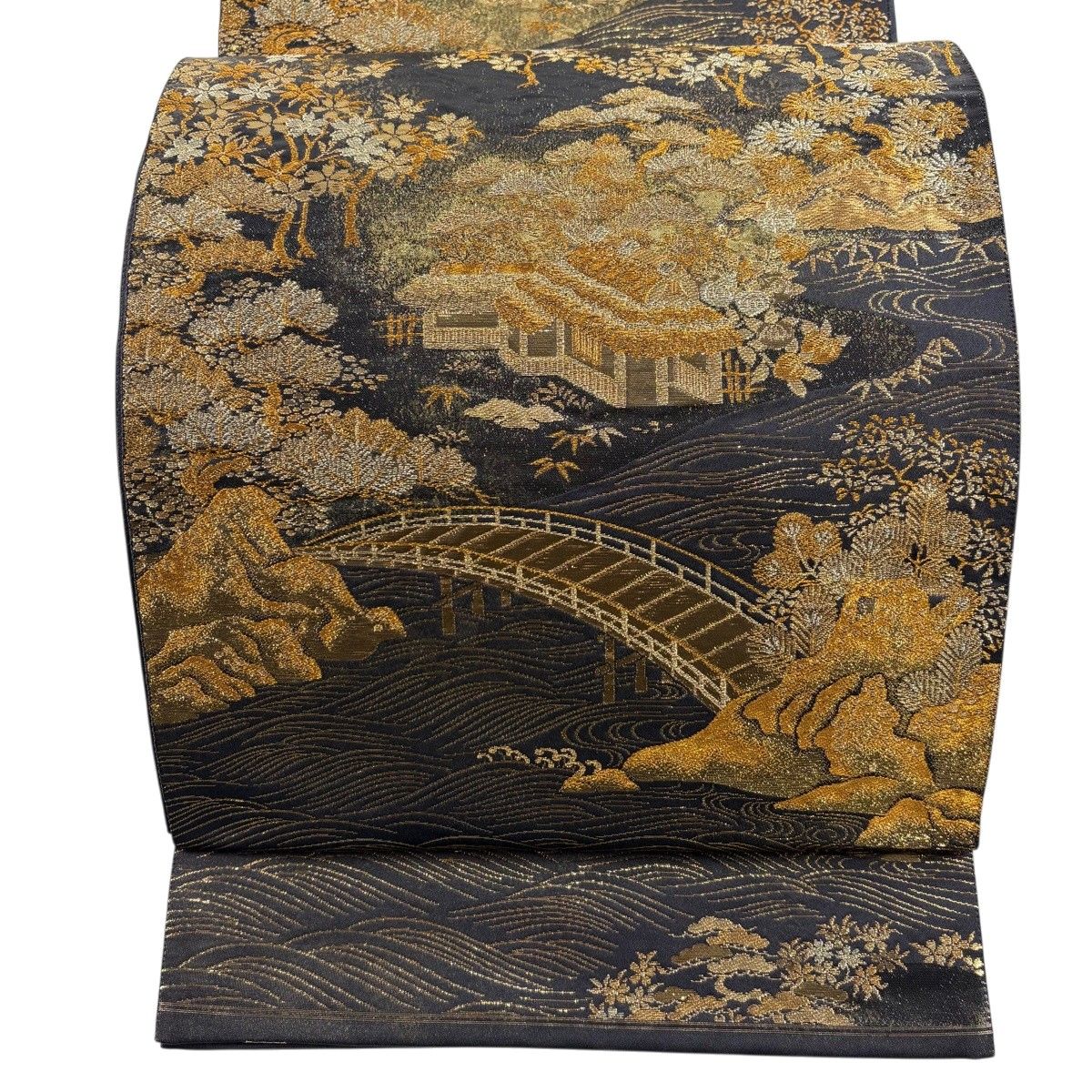 袋帯 美品 名品 六通 正絹 【中古】 美品 袋帯 名品 縞 幾何学 藍