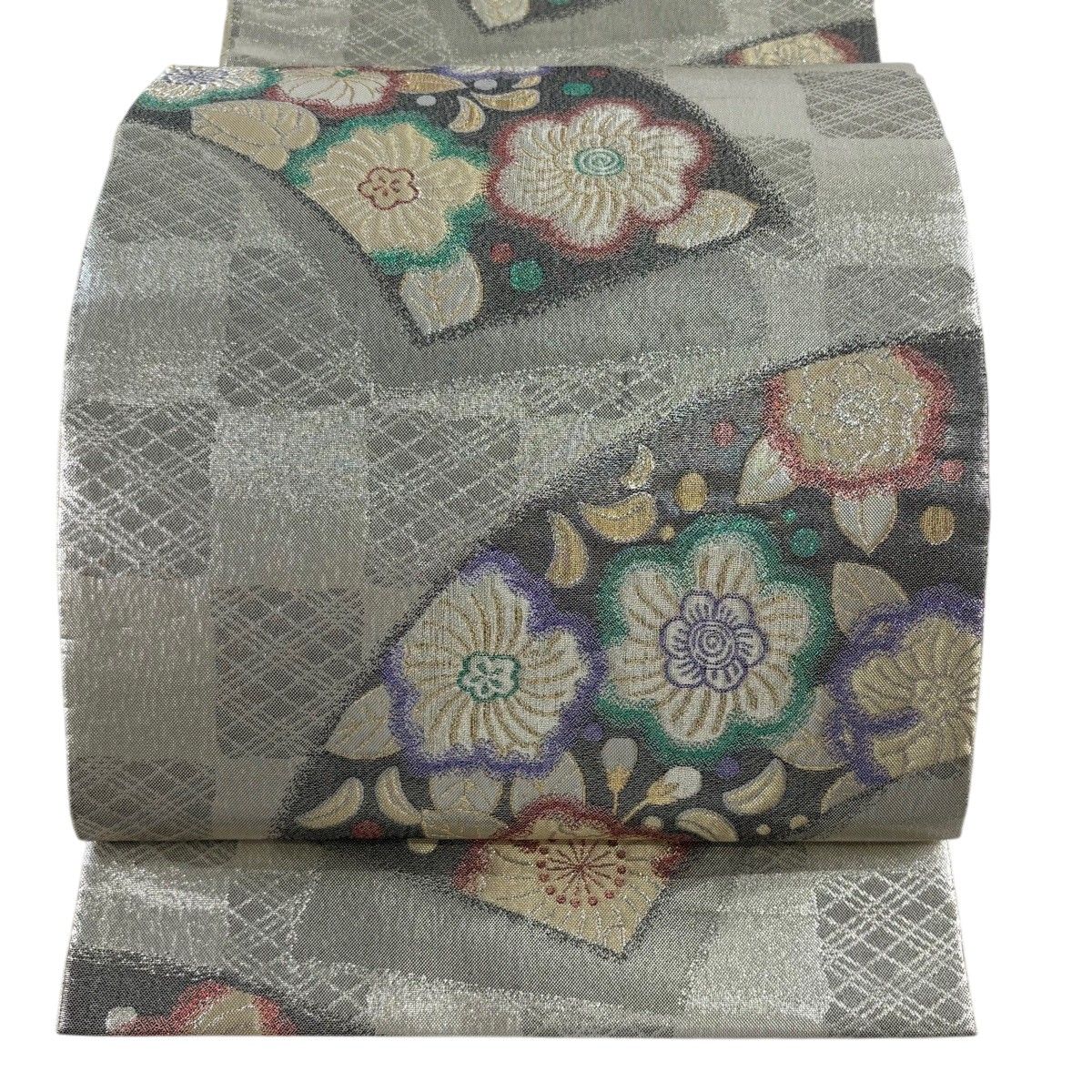 袋帯 美品 秀品 華文 草花 刺繍 箔 青灰色 お太鼓柄 正絹 【中古