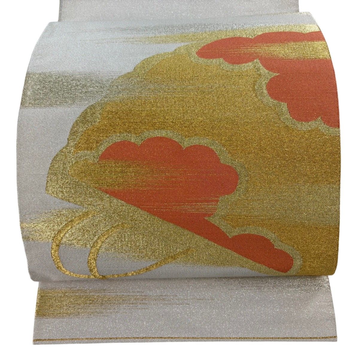 美品 袋帯 名品 花唐草 幾何学模様 金糸 茶緑色 六通 正絹 中古