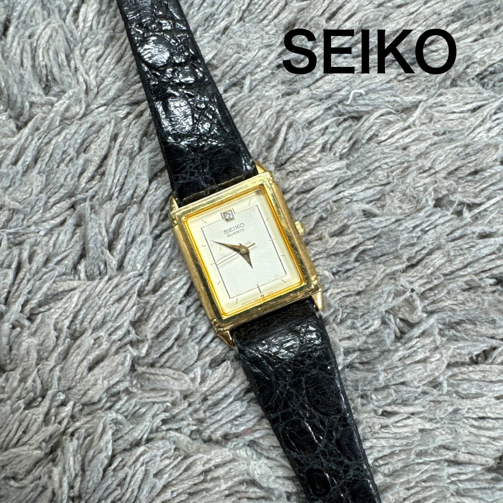 SEIKO セイコー スクエア クォーツ アナログ 腕時計 石付き レザー 