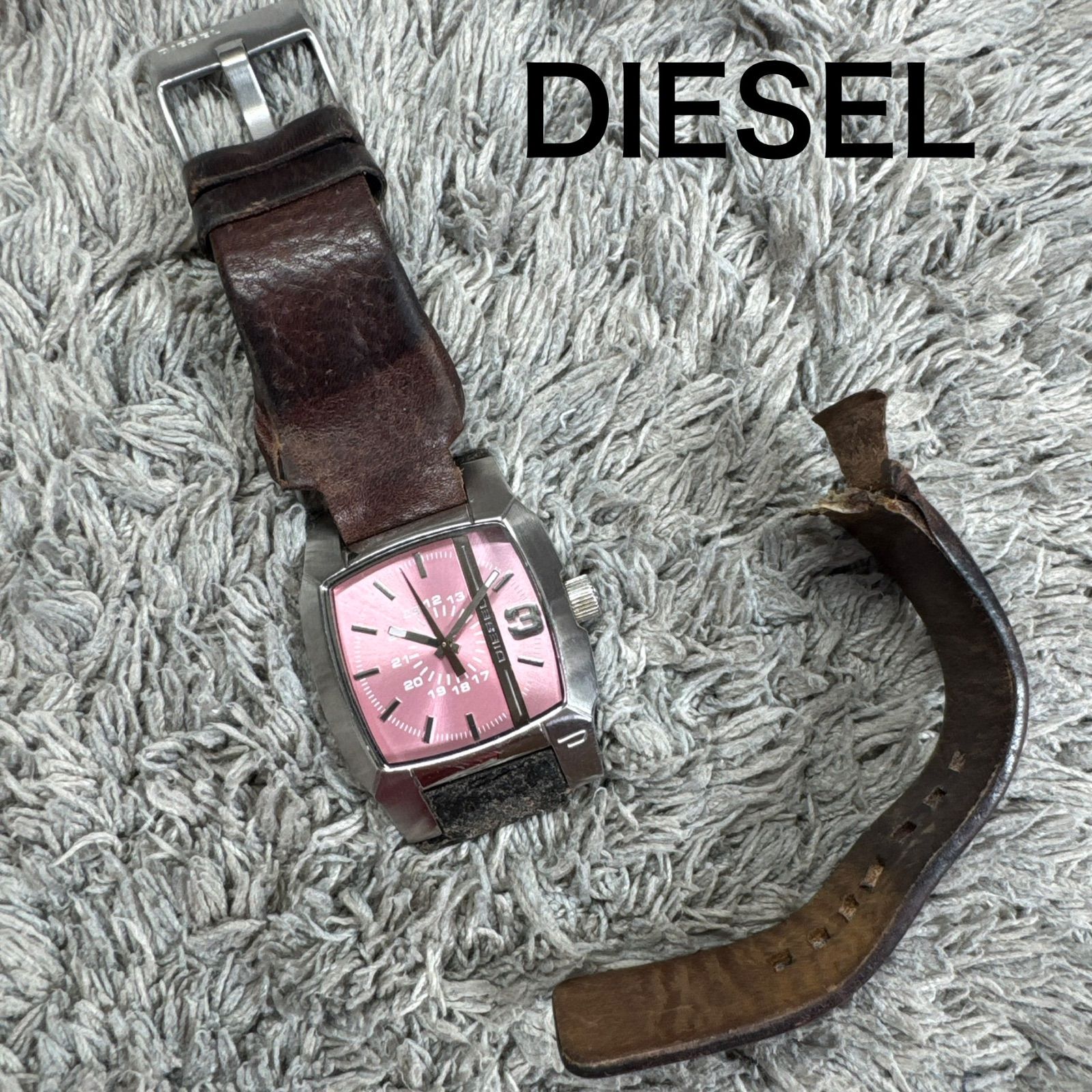 ベルト切れ 稼働品 DIESEL ディーゼル ピンクフェイス 腕時計 本革 