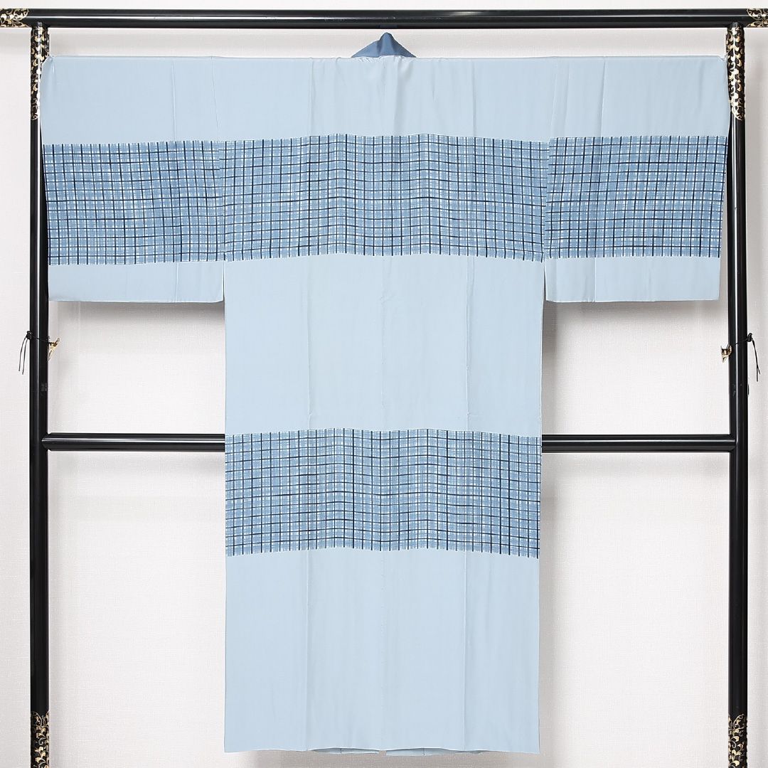 長襦袢 男性用 袷 身丈141cm 裄丈71cm 正絹 Sランク Lサイズ 格子 水色系 RP 1241-12988