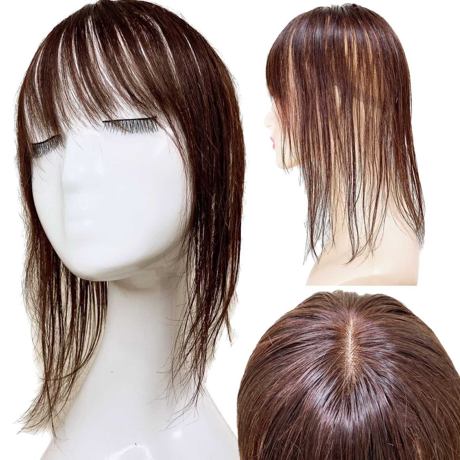 Luce brillare 部分ウィッグ 人毛100% ヘアピース トップピース トップウィッグ トップカバー 白髪カバー 前髪ウィッグ 自然 部分カツラ 医療用 浮かない かつら 女性 レディース つむじ 頭頂部 ストレート ボブ 30c [ダークブラウン]