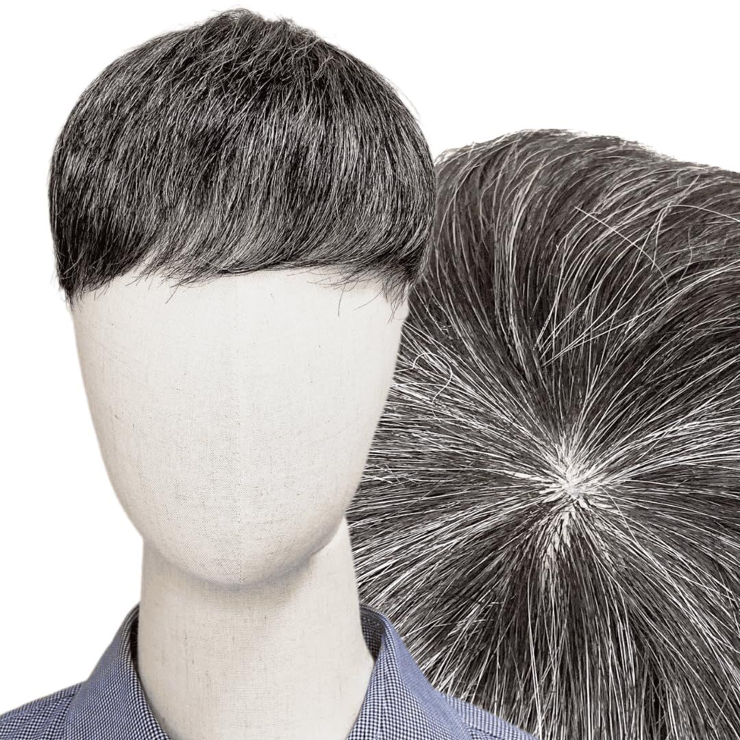 Luce brillare ウィッグ メンズ 白髪 グレイ 白色 灰色 グレー メンズウィッグ かつら ヘアピース トップピース ポイントピース 人工毛 シルバー トップウィッグ 男性用かつら 部分ウィッグ つむじ 頭 [ビジネスショート 白5黒5 Lサイズ]