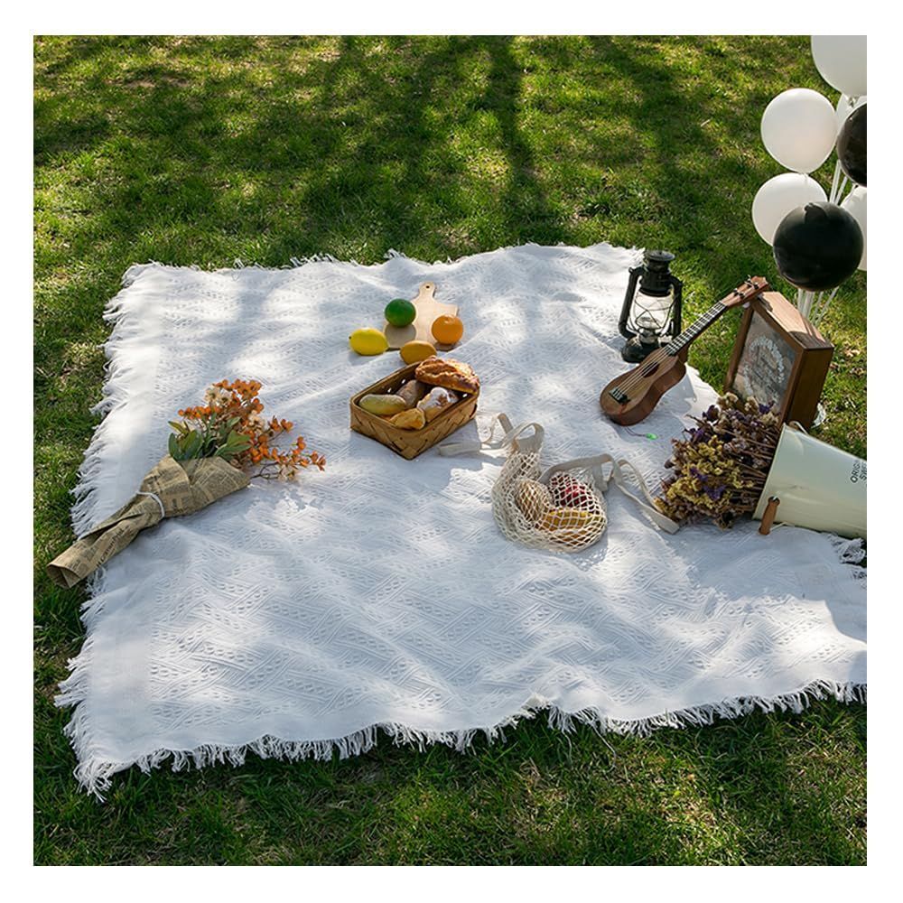 【売切注意！お急ぎ下さい】90*150CM) (ホワイト アウトドア 持ち運び簡単 花見 遠足 フリンジ INS写真 北欧 おしゃれ 薄型 無地 布 ピクニックラグ ピクニックシート レジャーシートピクニックマット LOYELEY