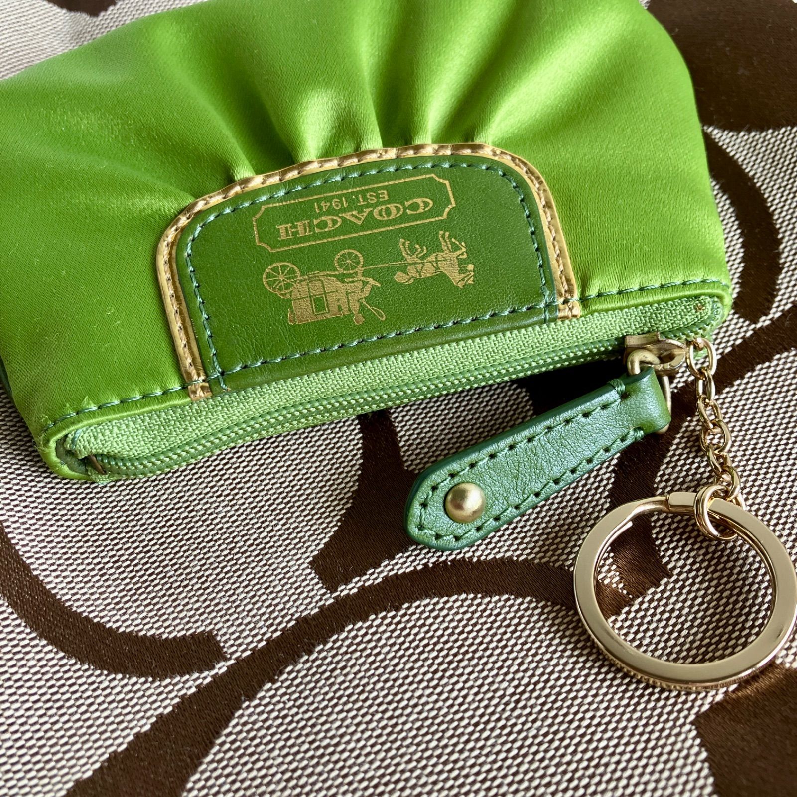 Coach Vintage Lime Green Satin Pleated Mini Coin Purse Key Ring 