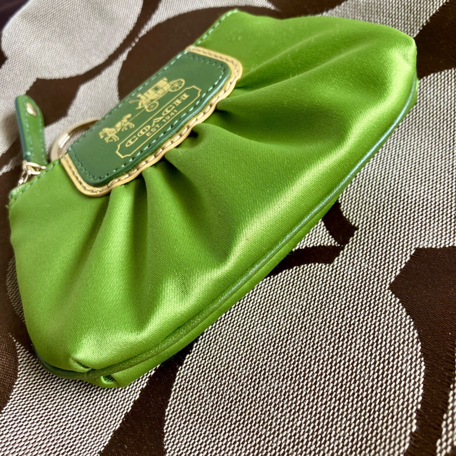 Coach Vintage Lime Green Satin Pleated Mini Coin Purse Key Ring 