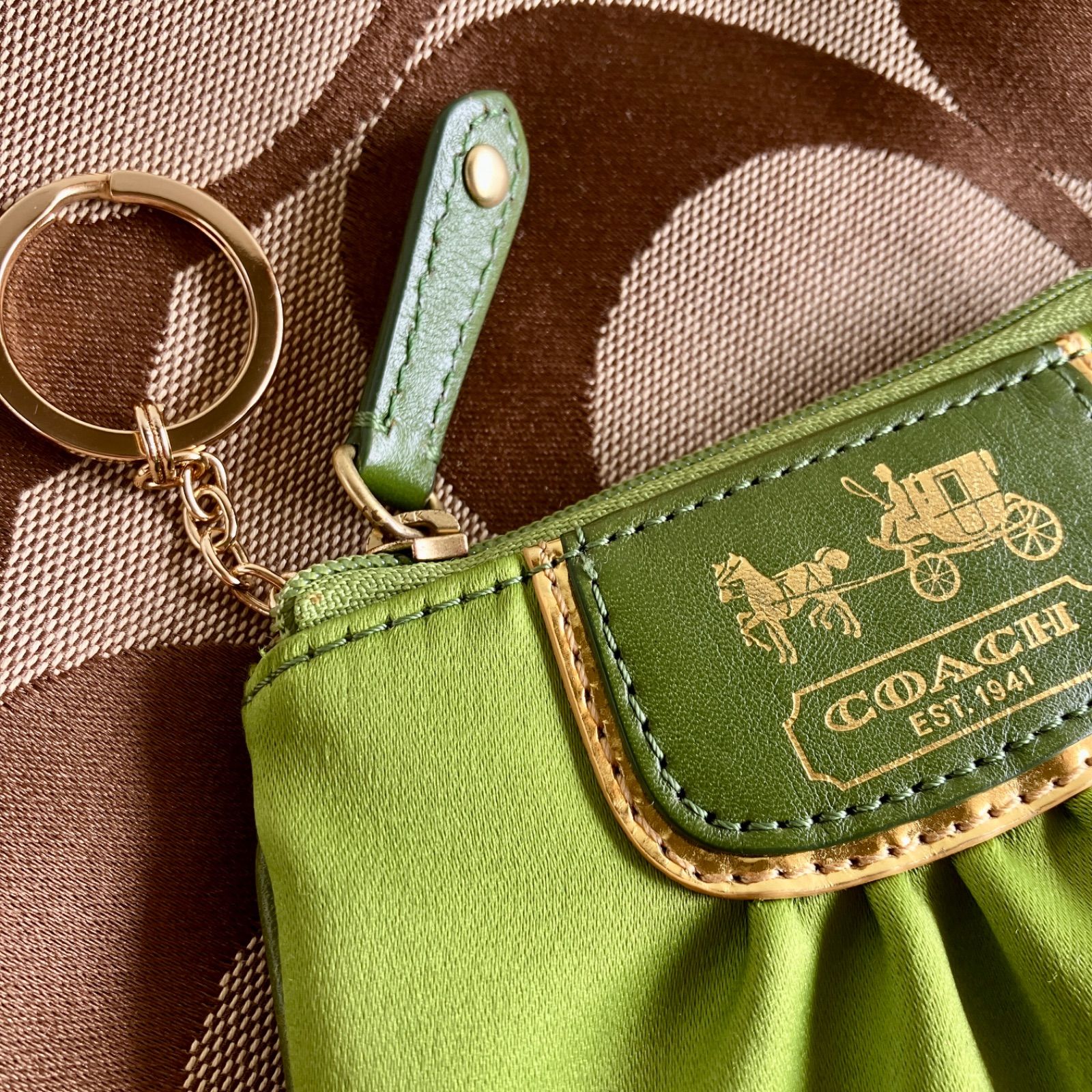 Coach Vintage Lime Green Satin Pleated Mini Coin Purse Key Ring 