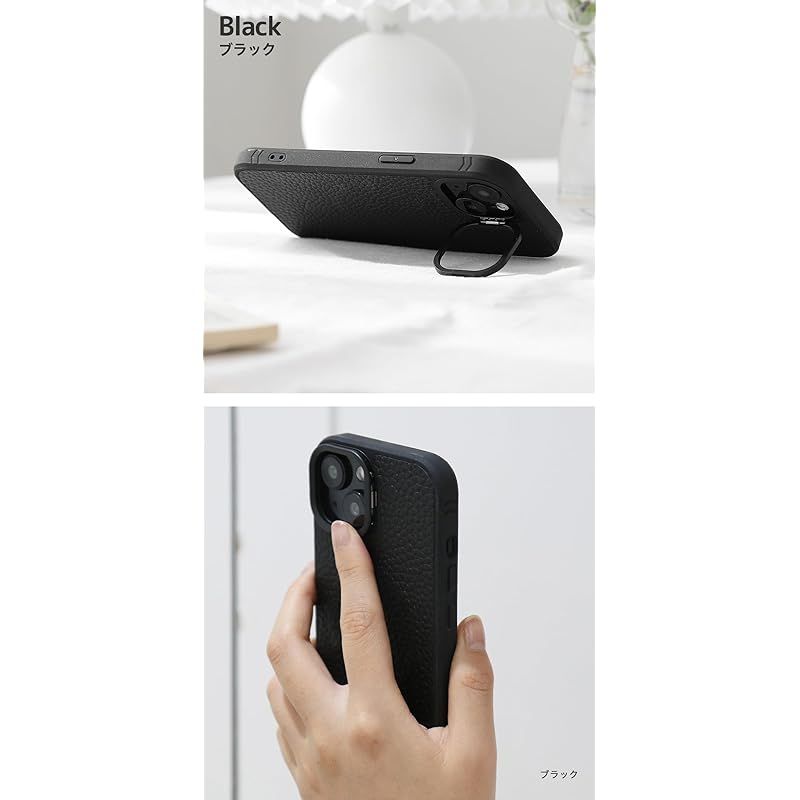 【新品】 シュリンクレザー 本革 スマホケース iPhone 13 Pro 互換性 MagSafe 対応ケース スマホスタンド ストラップ (ブラック)
